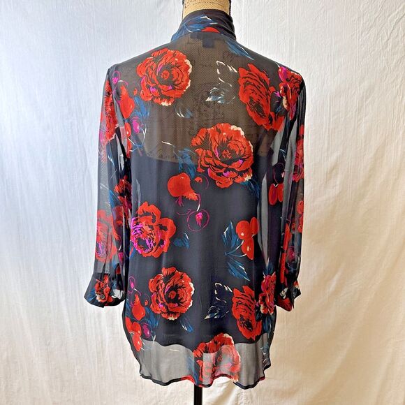 DKNY Black Red Floral Neck Bow Tie 3/4 Sleeve Semi-Sheer Blouse w/Camisole Sz M - Picture 4 of 16